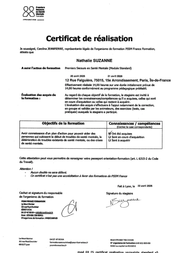Certificat de réalisation PSSM – Premiers Secours en Santé Mentale (Standard)