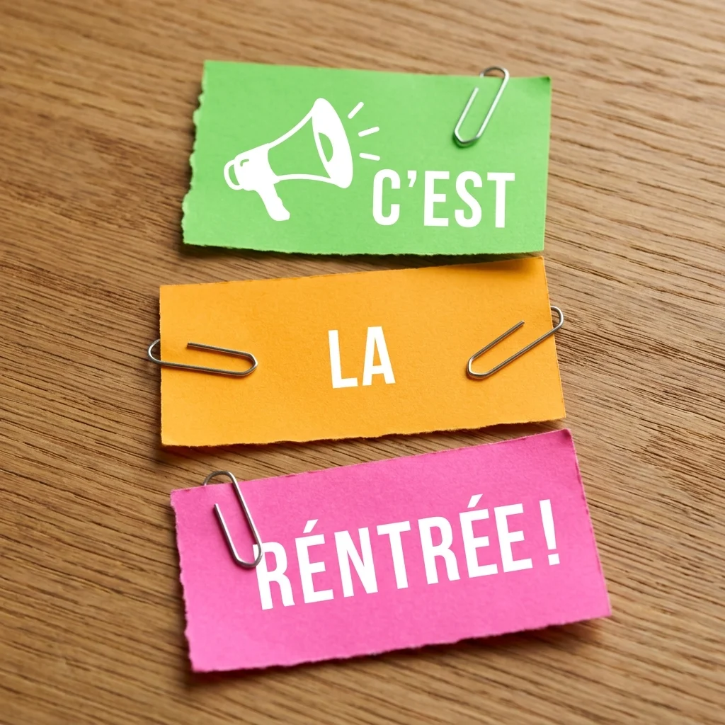 Des pinces à dessin sur des papiers colorés avec écrit C'est la rentrée sur un fond en bois